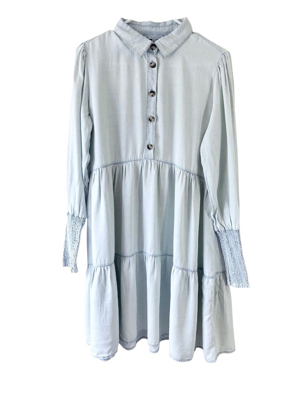 Veveret Super Cute Long Sleeve Tiered Chambray Mini Dress with Smocked Cuffs
